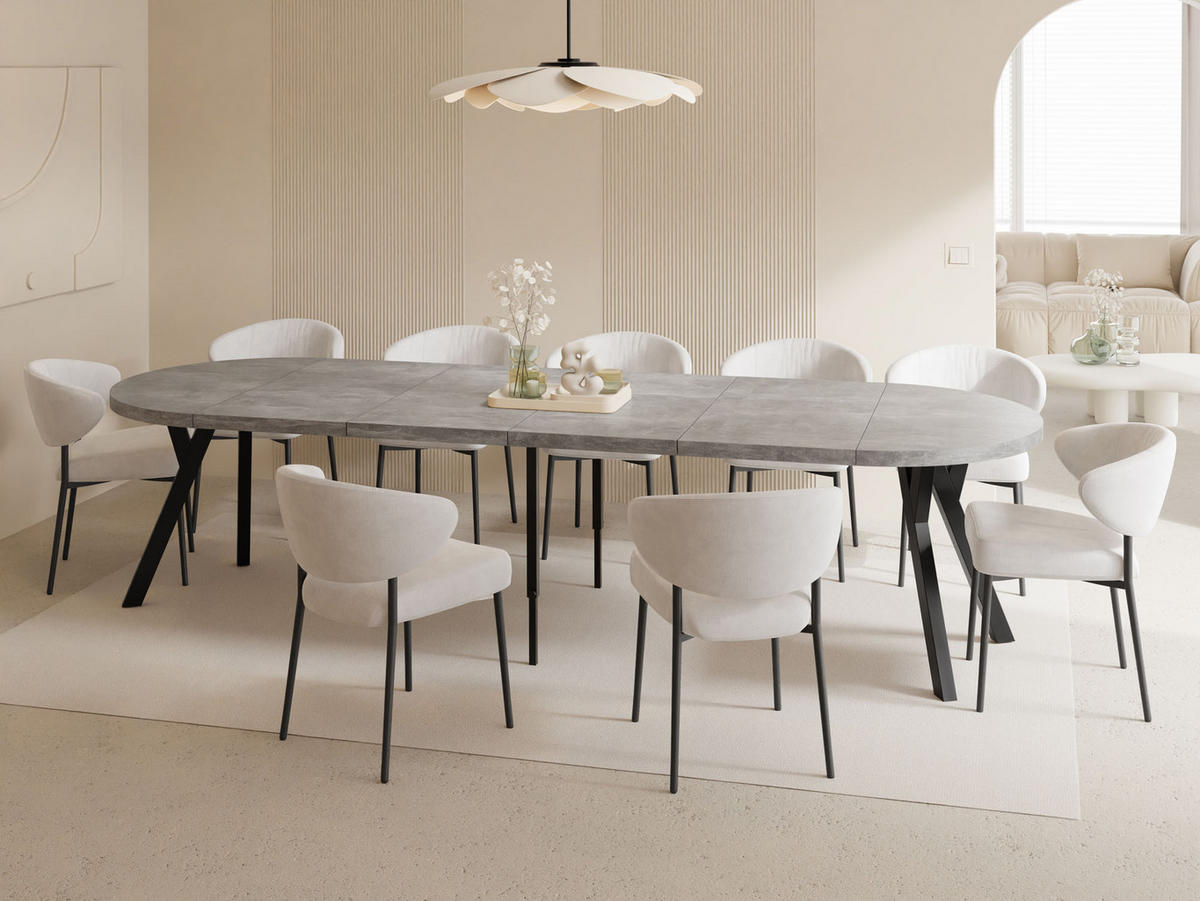 ESSTISCH Twixy XXL groß rund oval ausziehbar, Grauer Beton 100-300/100/76 cm - Hellgrau/Schwarz, Holz/Holzwerkstoff (100/100/76cm) - WFL GROUP