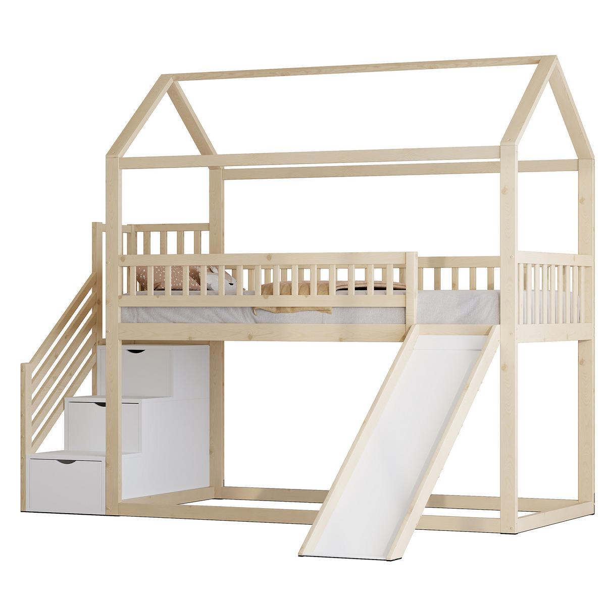 HOCHBETT aus Holz 90x200 cm Holzfarbe mit Rutsche, Stauraumleiter und hohen Sicherheitsgittern - Weiß, Holz (90/200cm) - Modfu