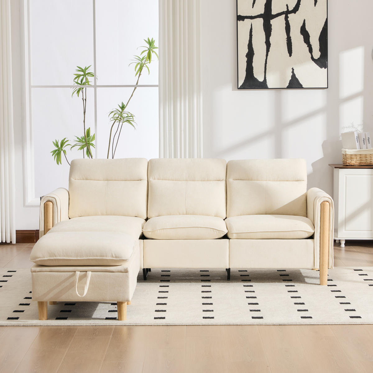 SOFA 201/77/86 cm in Beige aus Chenille mit Stauraumhocker - Beige, Textil (77/86/201cm) - Flora Grace