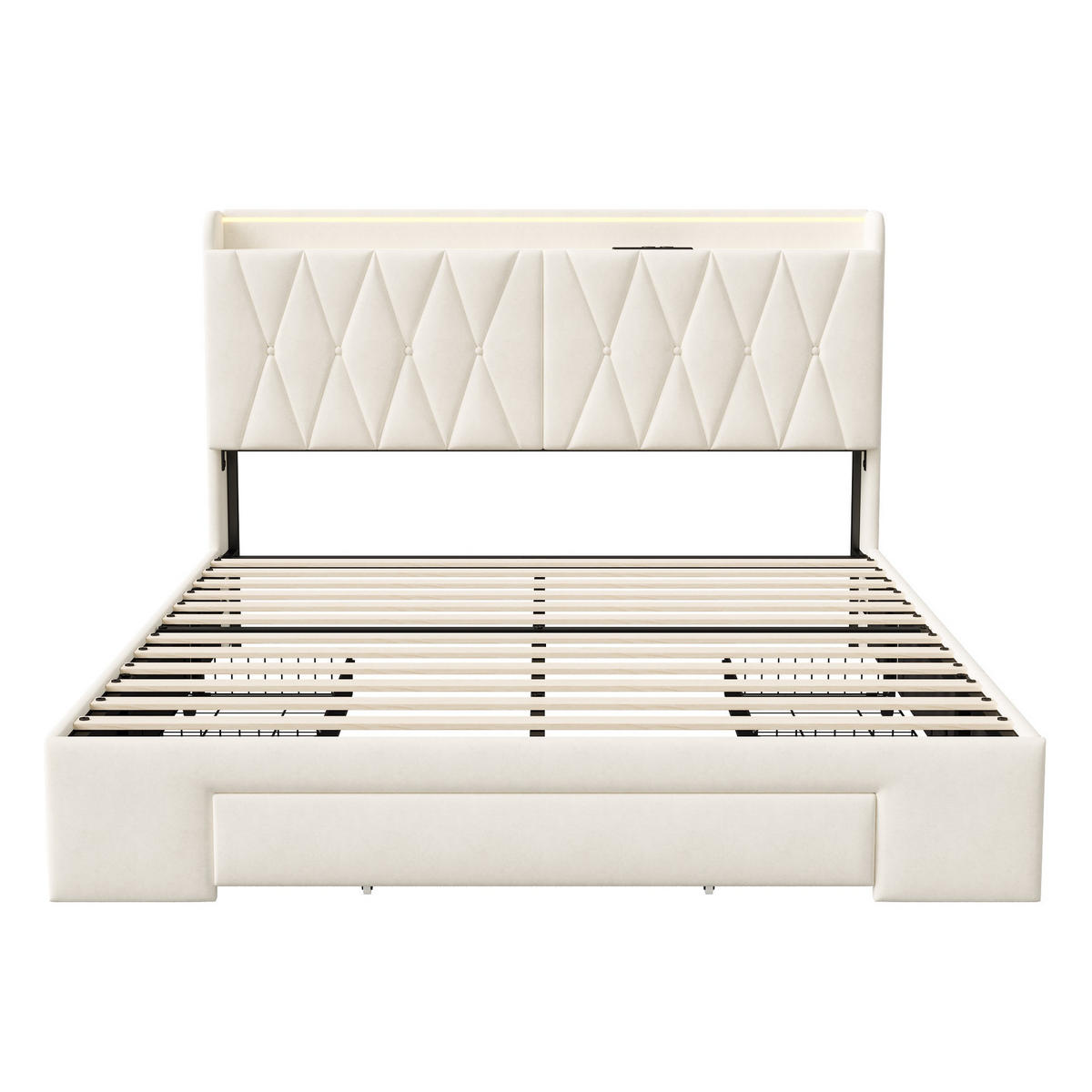 STAURAUMBETT 140/200 cm, mit 3 Schubladen, LED, USB-Ladeanschluss, Lattenrost, Beige - Beige, Holzwerkstoff (140/200cm) - Brevoria