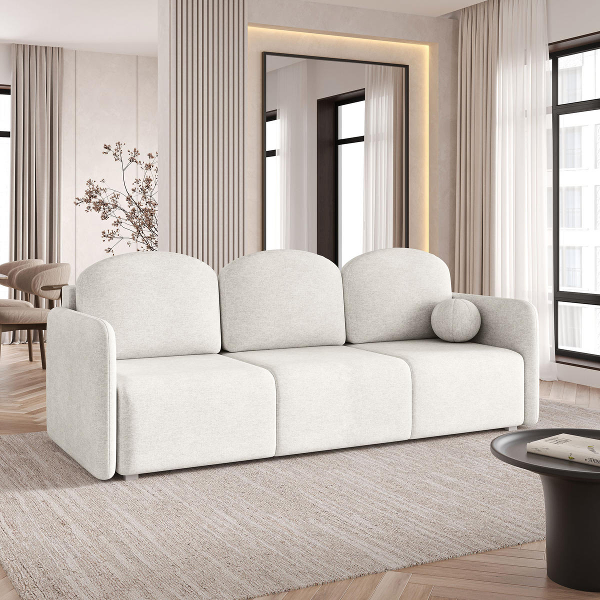 BETTSOFA SUVI III NV Creme Geflochtener Stoff mit Schlaffunktion - Creme, Textil (90/85/220cm) - MASSENO