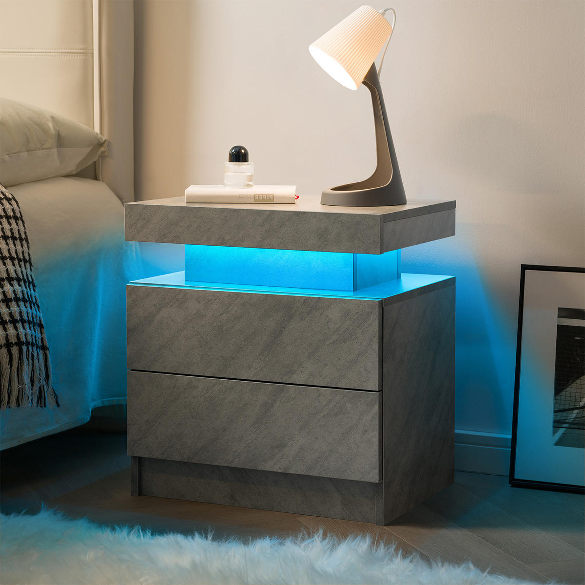 NACHTKOMMODE 50/53/36 cm dunkelgrau aus Holzwerkstoff mit LED-Beleuchtung und 2 Schubladen - Grau, Holzwerkstoff (53/36/50cm) - OKWISH