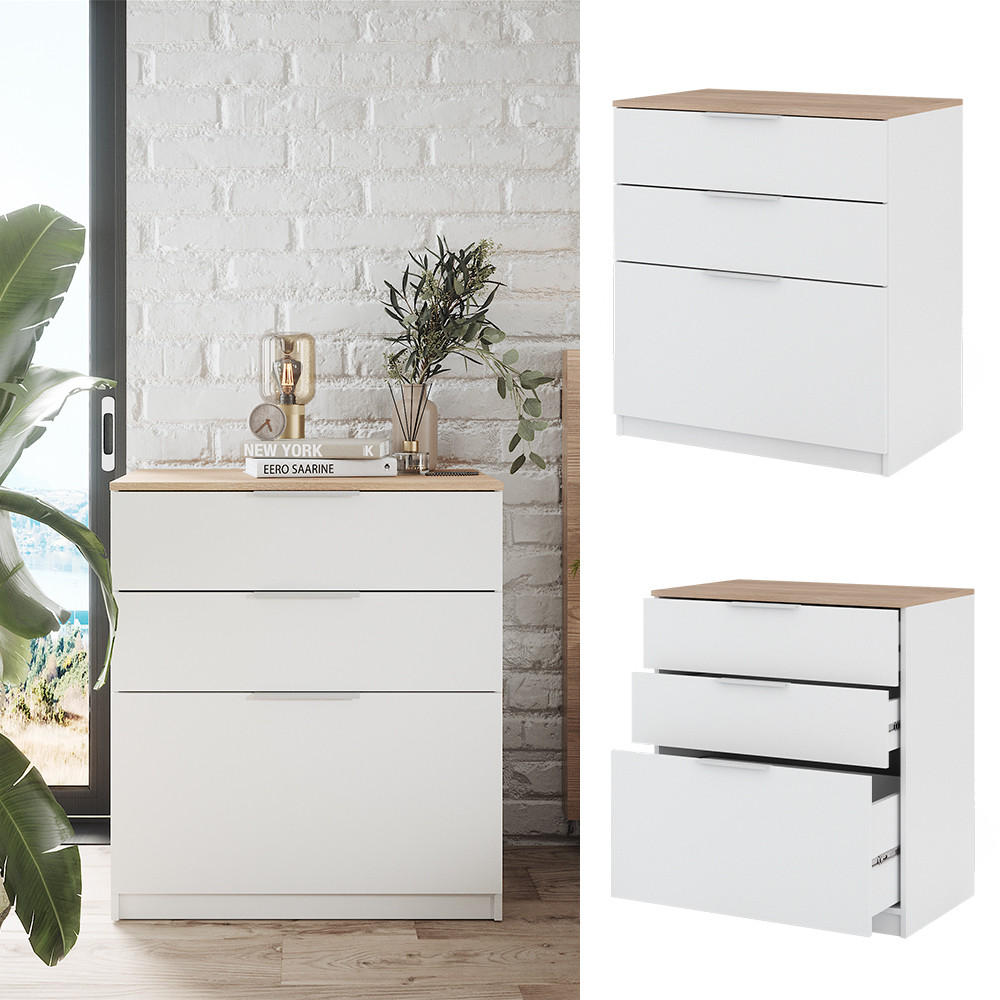KOMMODE Betti Weiß/Sonoma 80 x 90 cm mit 3 Schubladen - Weiß/Sonoma Eiche, Holzwerkstoff (50/90/80cm) - Vicco