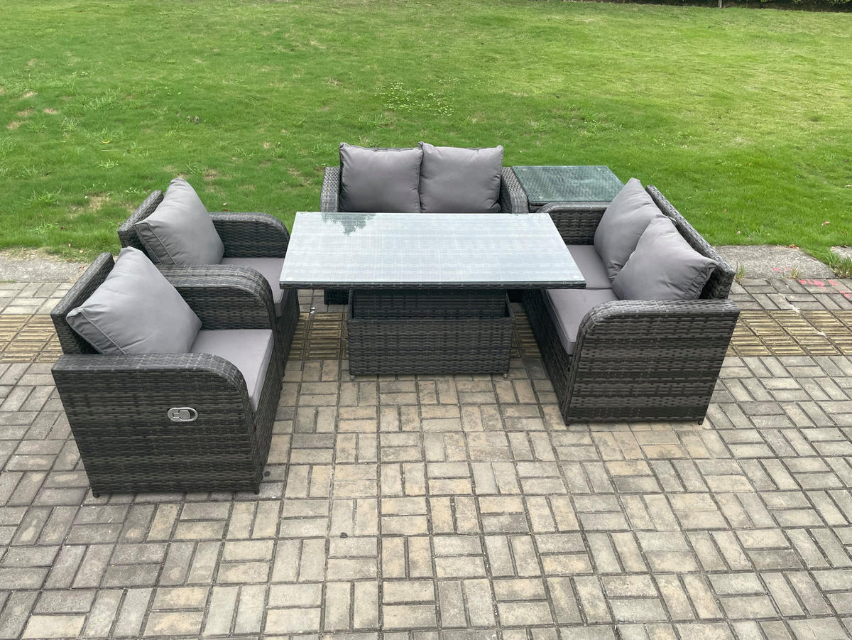GARTENMÖBEL SET Polyrattan 6-Sitzer - Dunkelgrau/Grau, Glas/Kunststoff - Fimous
