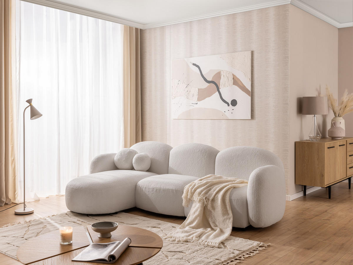ECKSOFA Nuvola mit abgerundetem Design Weiß Bouclé-Stoff - Ottomane Links - Schwarz/Weiß, Holz/Kunststoff (268/146cm) - S-Style Möbel