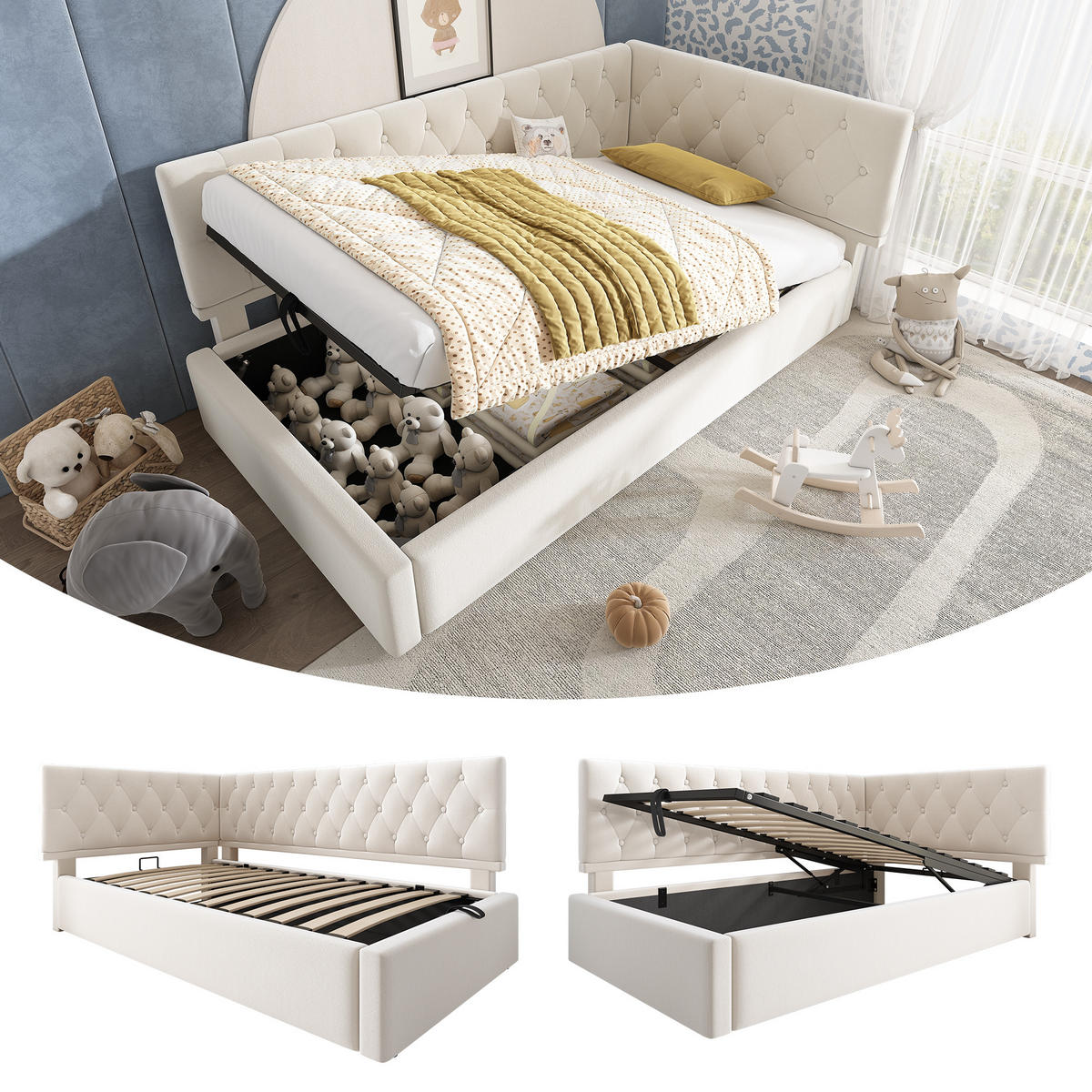 TAGESBETT 90/190 cm DE-00301, in Beige, hydraulischem Stauraum - Beige, Metall (90/190cm) - ComfortXL