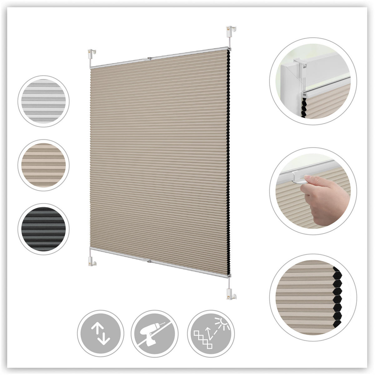 THERMO-PLISSEE KLEMMFIX OHNE BOHREN, VERDUNKELUNG, VERSPANNT - Creme, Kunststoff (50/130cm) - Lichtblick Original