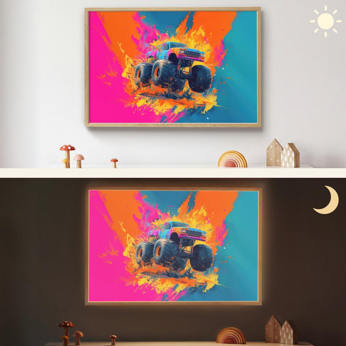 NÁSTĚNNÁ LAMPA S AKUMULÁTOREM Monster truck - Abstraktní - Stříkající barva - Barevné 90x60 cm - růžová, kompozitní dřevo (90/60/8cm) - OnlyWow