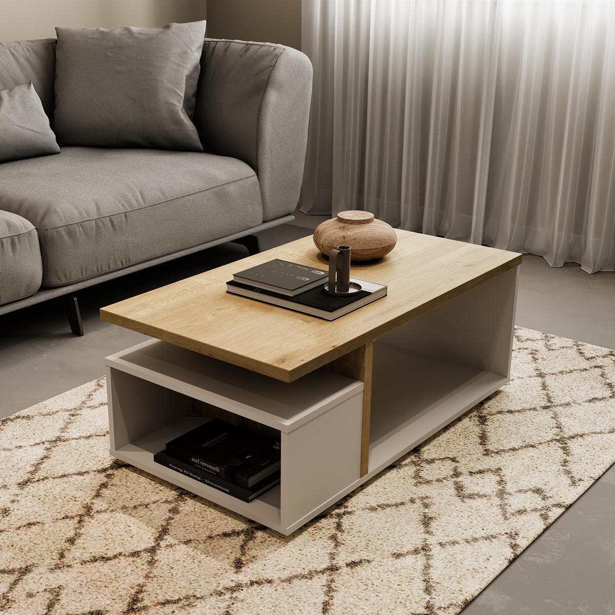 COUCHTISCH mit 3 Fächern Dekor Eiche und mattweiß access 91,8/36/50 cm - Eschefarben, Holzwerkstoff (91.8/50/36cm) - Calicosy