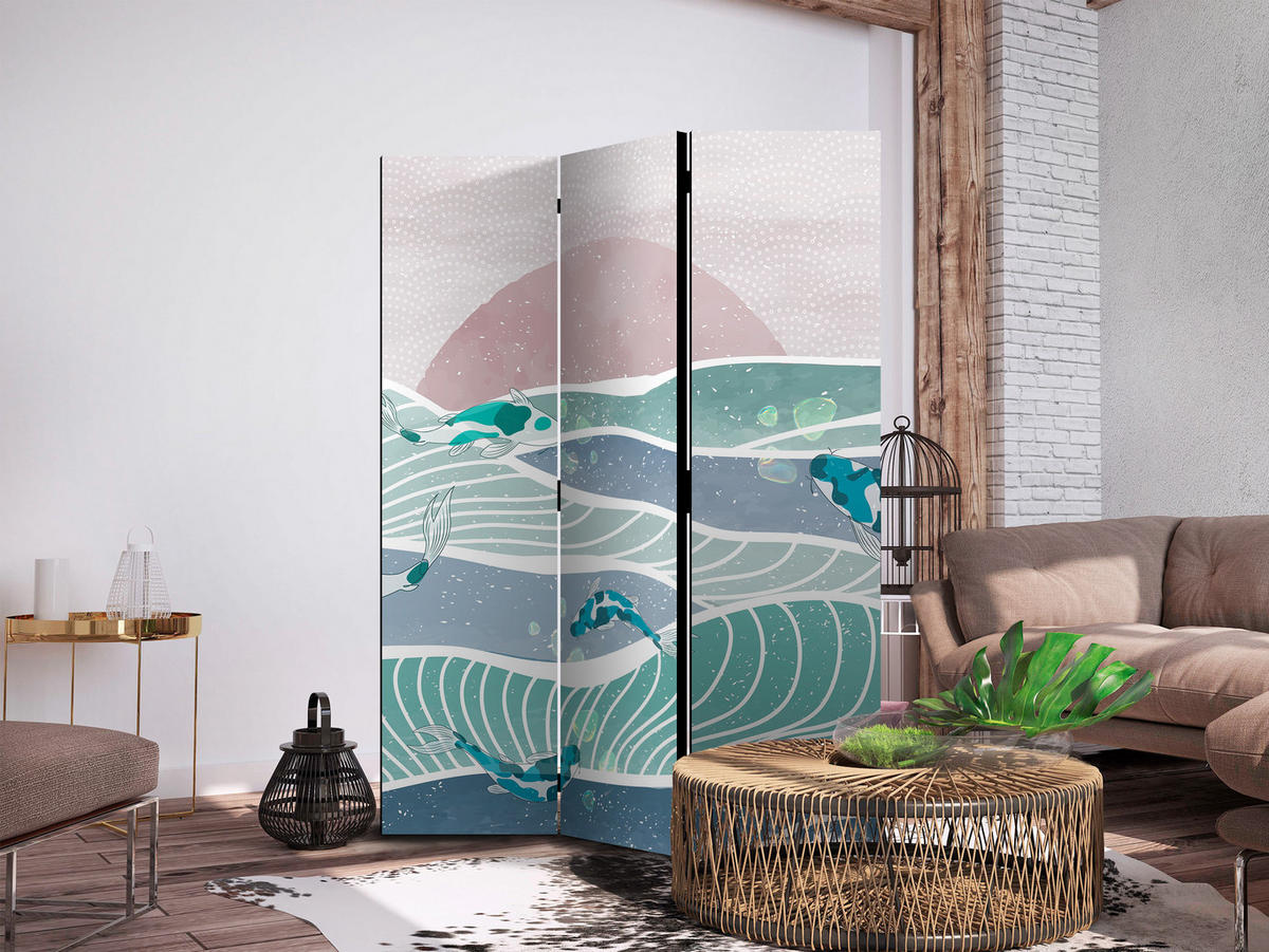 PARAVENT Beidseitig Bedruckter 3-tlg 135x172 cm Fische und Wellen Boho - Multicolor, Holz/Textil (135/172/3cm) - Muralo