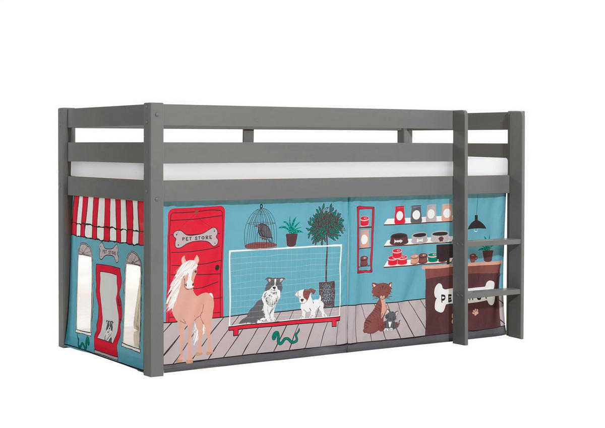 KINDERBETT Karolina 210x114x106 Massivholz Grau Textilset Pet Shop - Blaugrau/Grau, Holz (90/200cm) - 58aufmkessel