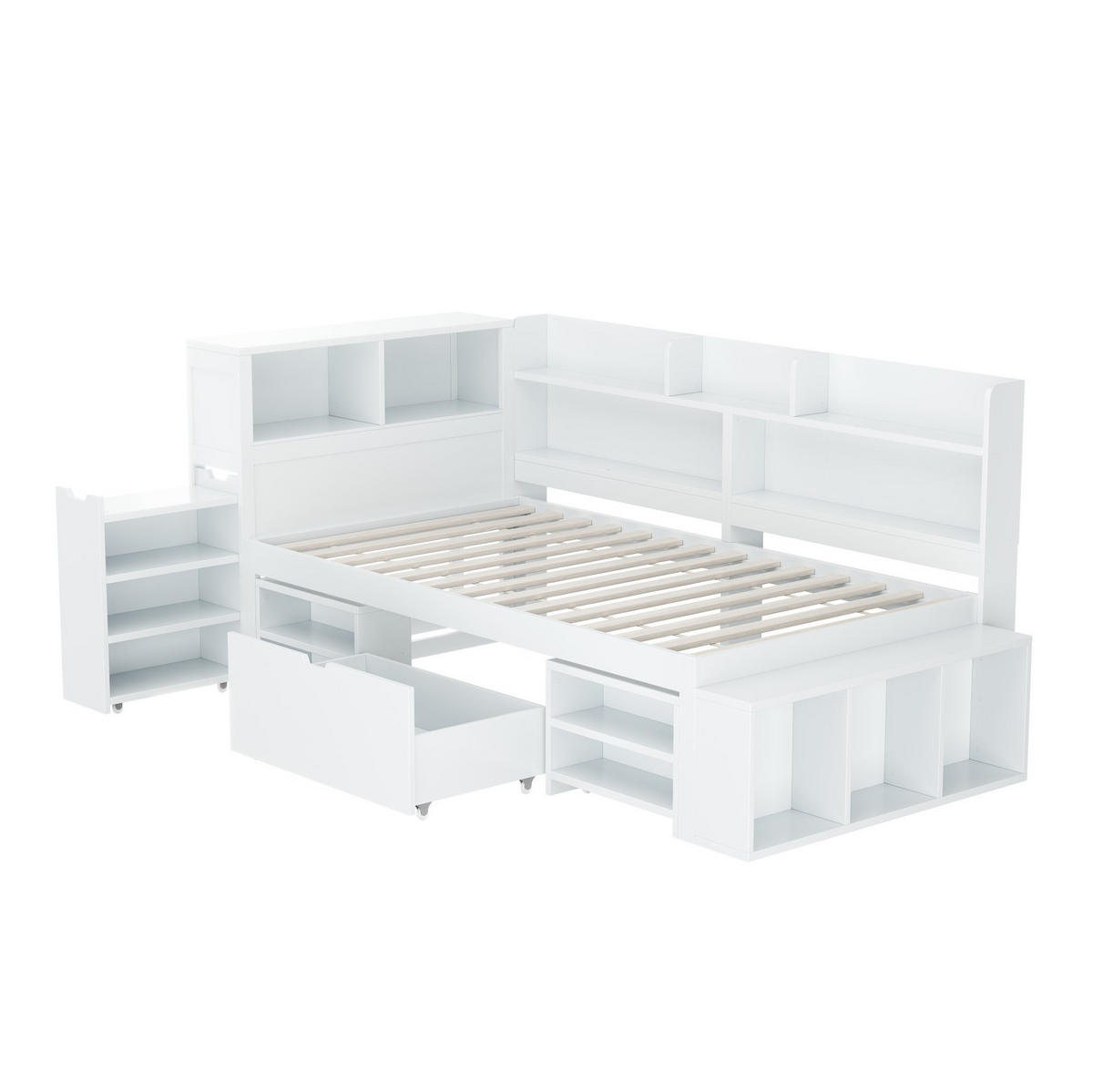 KINDERBETT aus Sperrholz 90x190 cm Weiß mit Schubladen, Regalen und viel Stauraum - Weiß, Holzwerkstoff (90/190cm) - Modfu