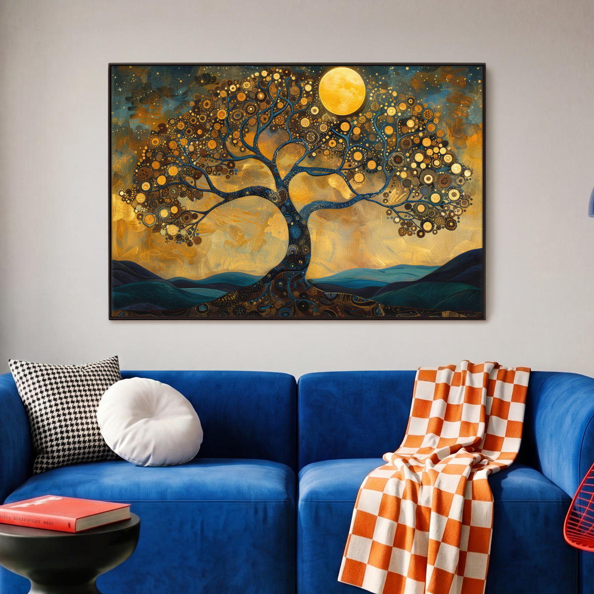 LEINWAND Bilder mit Rahmen - Baum - Mond - Blumen - Gold - Kunst - 90x60 - Orange, Textil (90/60cm) - MuchoWow