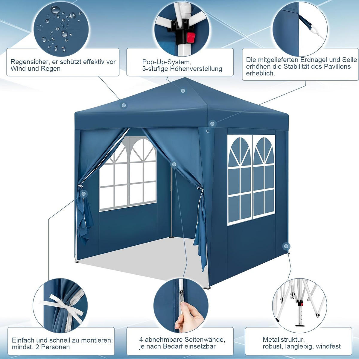 PAVILLON 2x2m mit 4 Seitenwänden UPF 50+ UV Schutz Blau - Blau, Kunststoff/Metall (200/240/200cm) - Woltu