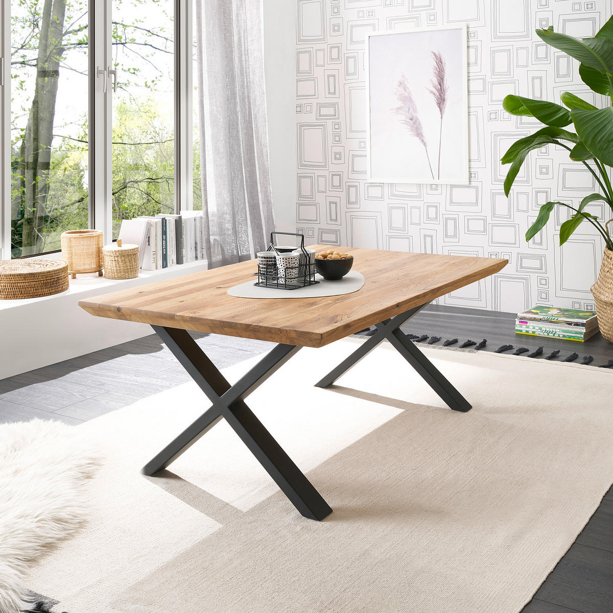 COUCHTISCH - Eiche / Schwarz - Eiche massiv / Eisen - Eichefarben/Schwarz, Holz/Metall (70/110/45cm) - home24
