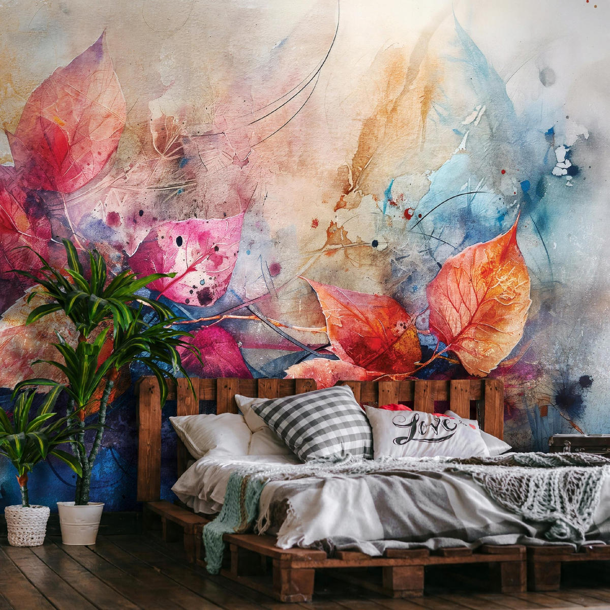 FOTOTAPETE Abstrakt Blätter Bunt Betonwand 400x280 - Multicolor, Papier (400/280cm) - Wallarena