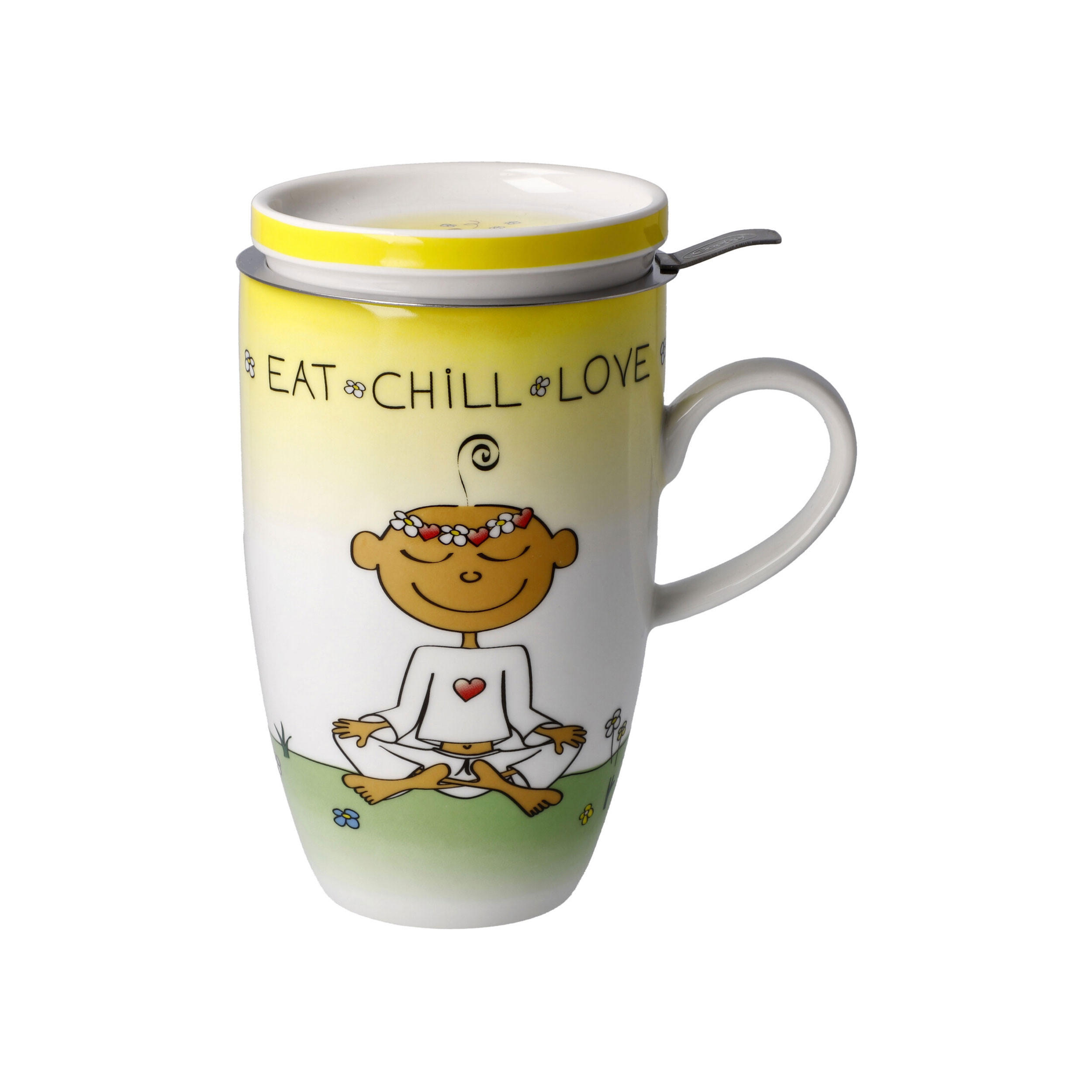 TEETASSE Der kleine Yogi - Eat Chill Love, Fine Bone China, Bunt, 450 ml - Multicolor, Keramik (0.45L) - Goebel
