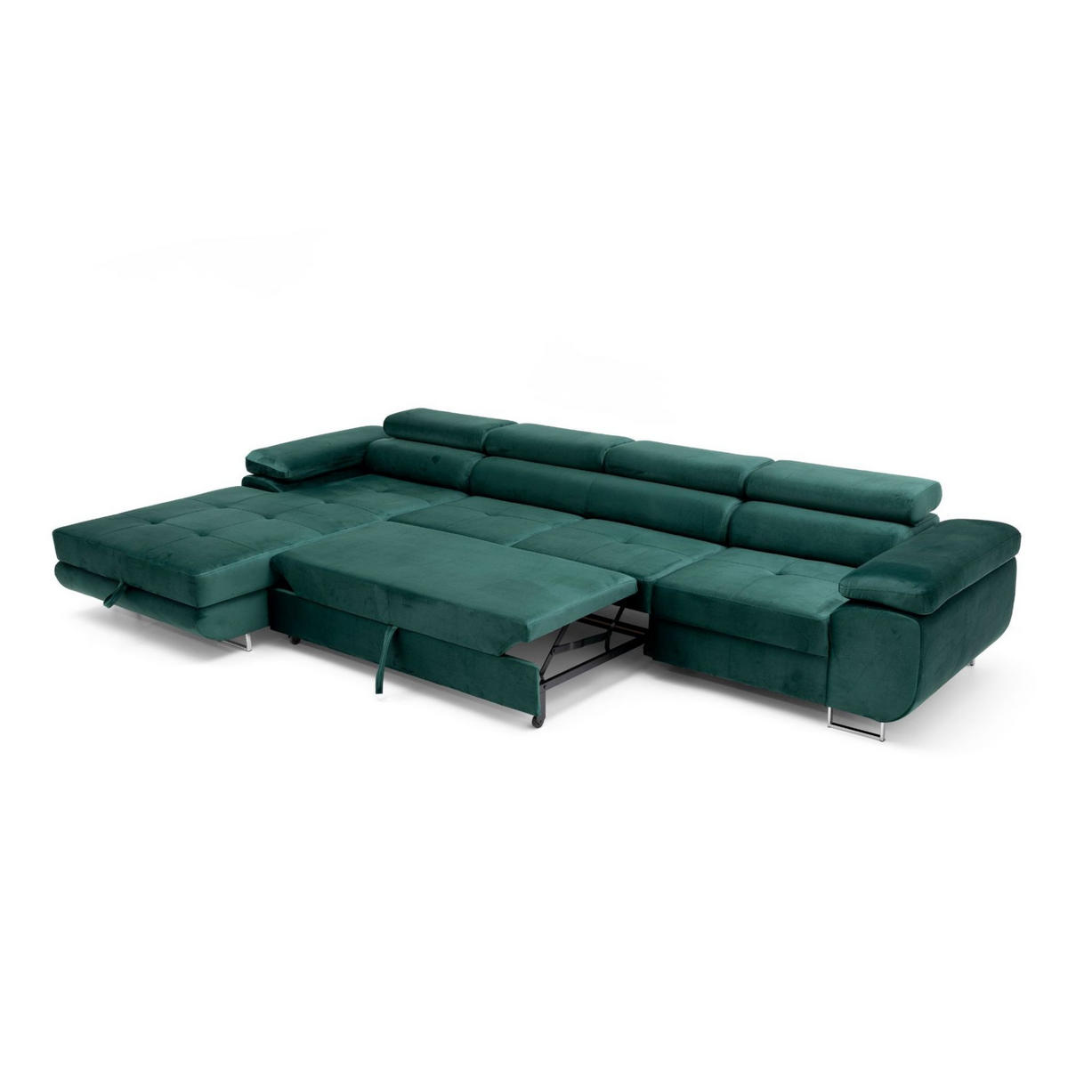 ECKSOFA ALONZO MAXI Links mit Schlaffunktion 125x195 Velours Grün - Silberfarben/Grün, Holz/Textil (350/203cm) - Muffo