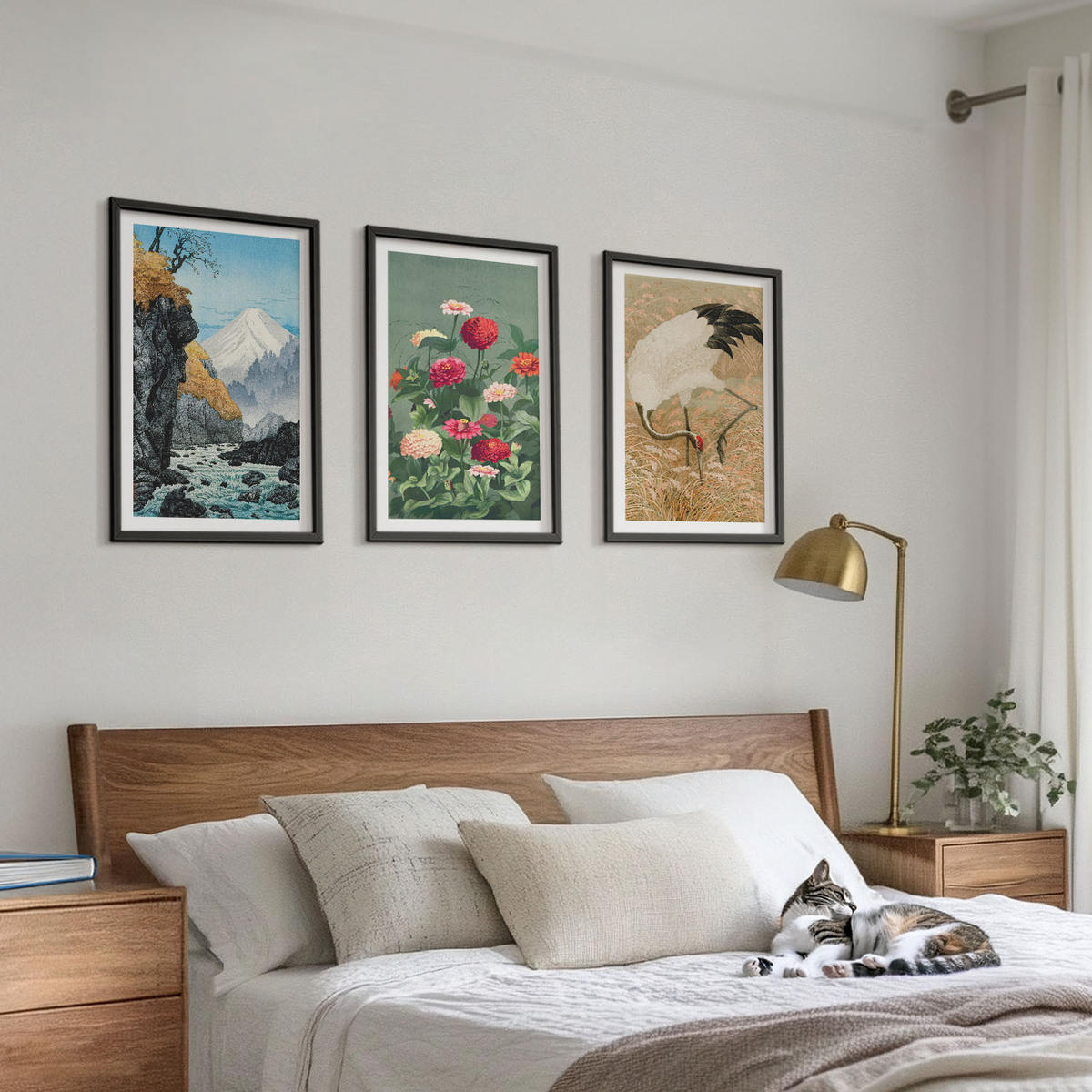 WANDBILDER 3er-Set - 40x60 cm Schwarzer Rahmen - Berglandschaft, Fluss, Blumen, Kraniche - Schwarz, Kunststoff (40/60cm) - ArtPrintCave