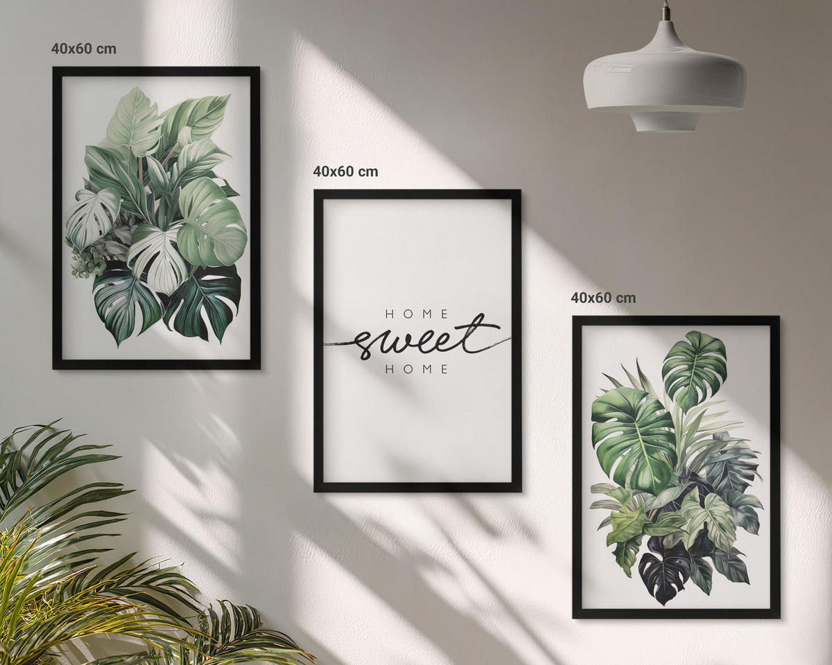 WANDBILDER 3er-Set - 40x60 cm Schwarzer Rahmen - Pflanzen mit der Aufschrift „Sweet Home“ - Schwarz, Kunststoff (40/60cm) - ArtPrintCave