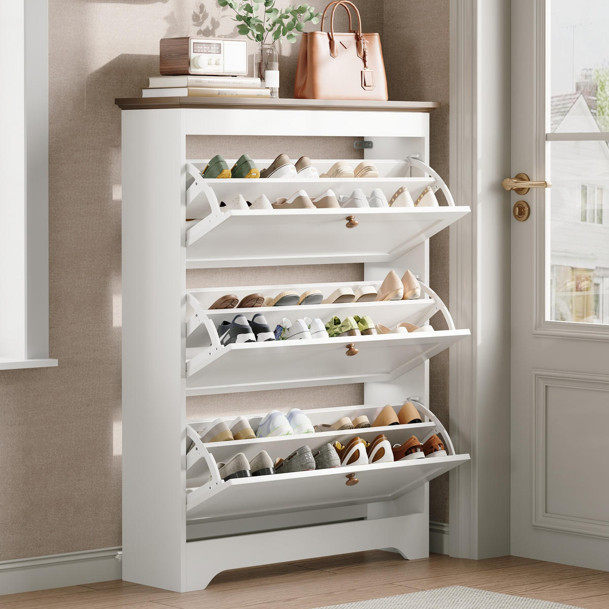 SCHUHSCHRANK in Weiß Schuhkommode mit 3 Klappen und runden Griffen für Flur und Eingangsbereich, B87/T26/H120cm - Weiß, Holzwerkstoff/Metall (83/120/23.5cm) - STILVORA