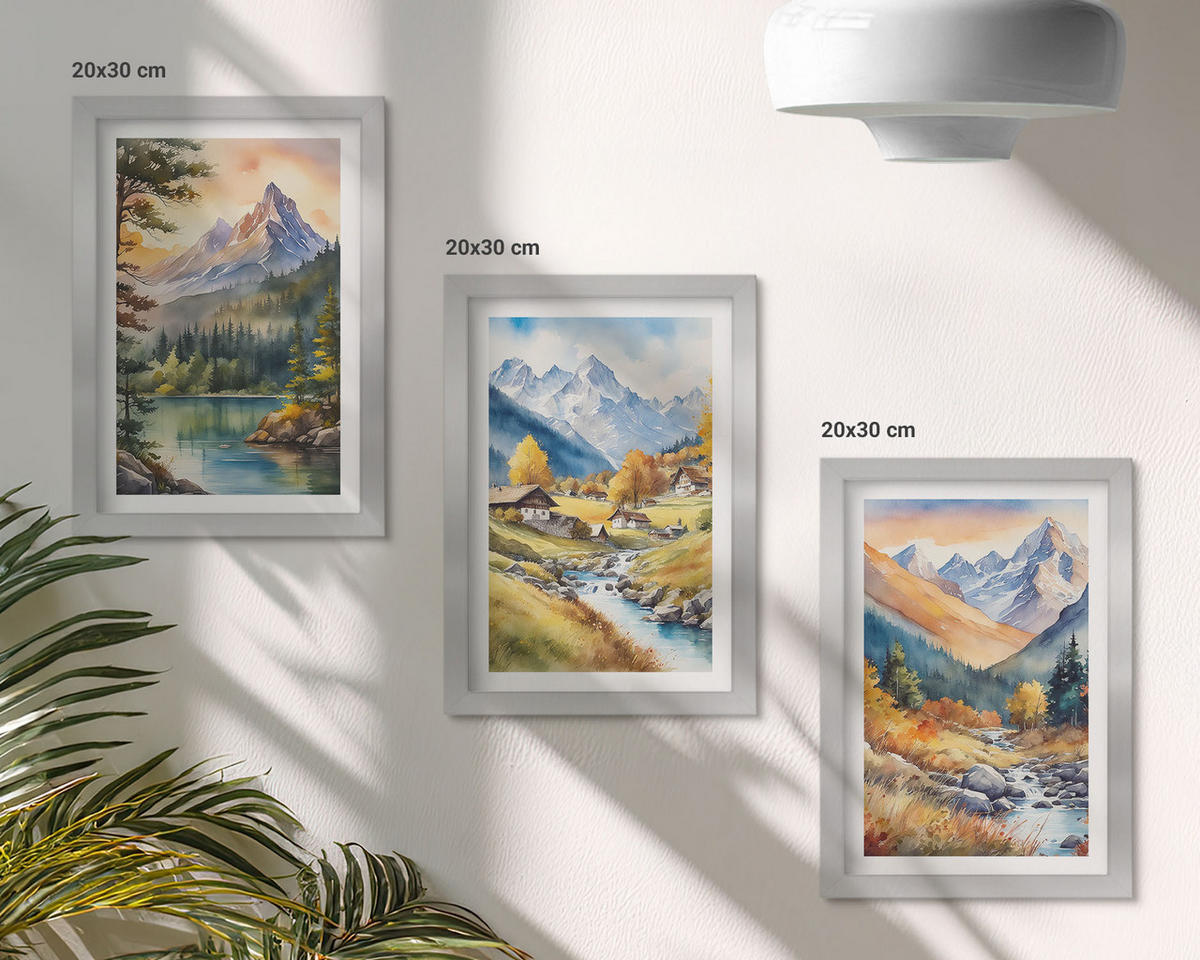 WANDBILDER 3er Set - 20x30 cm Silberner Rahmen - Berglandschaft mit einem Fluss - Silberfarben, Kunststoff (20/30cm) - ArtPrintCave