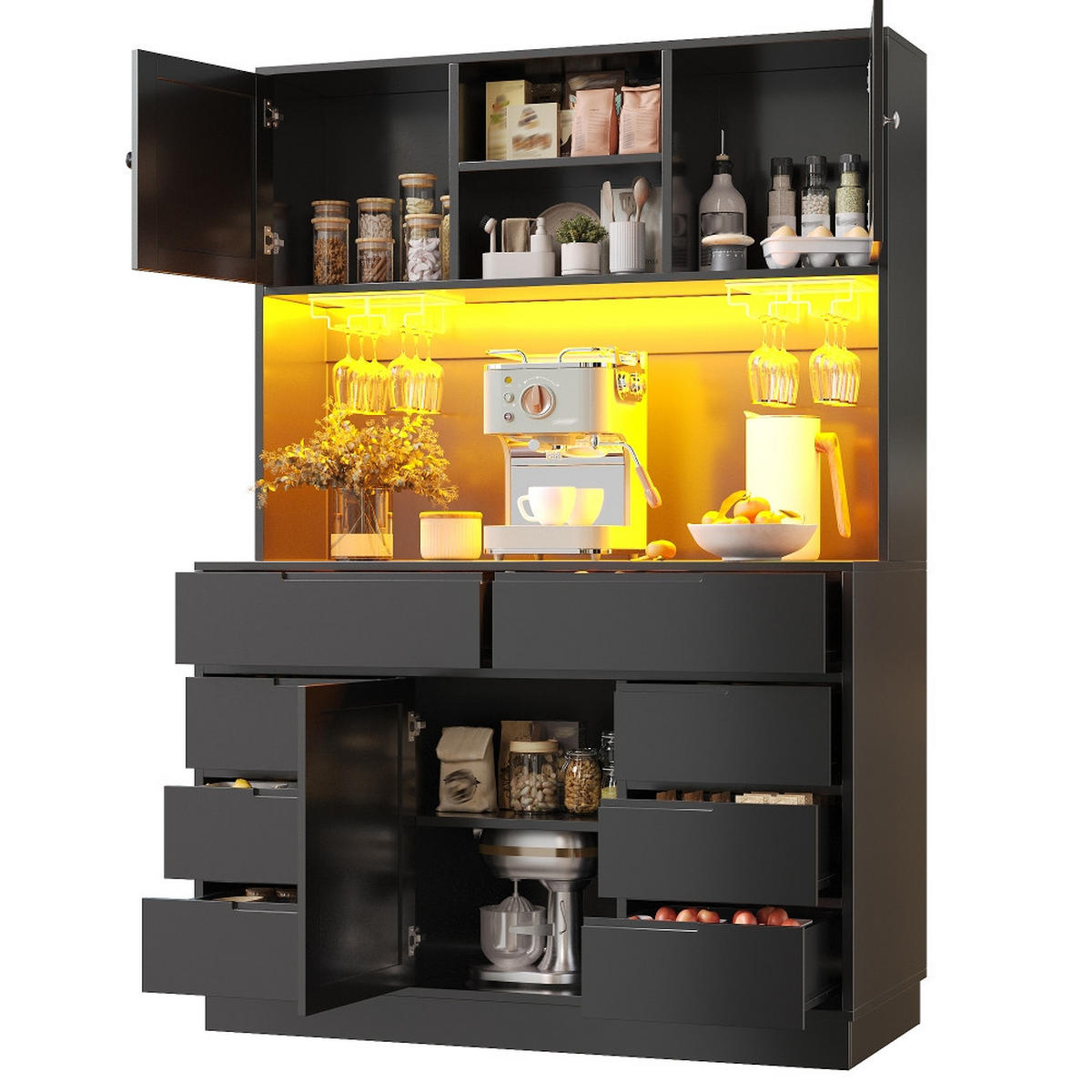 KÜCHENSCHRANK, SMART LED BELEUCHTUNG, 8 SCHUBLADEN, HÖHENVERSTELLBARE BÖDEN, Schwarz, 120/40/183,5 cm - Schwarz, Kunststoff (40/183.5/120cm) - Rolipo