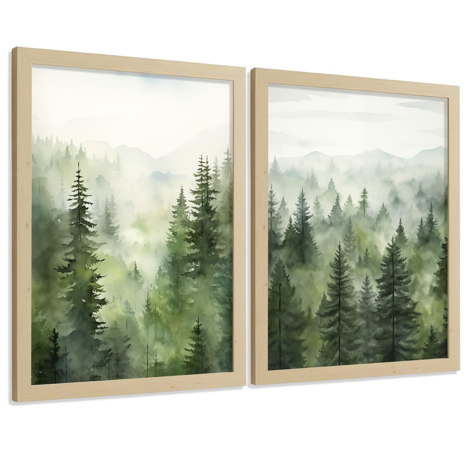 PLAKAT Sada 2 dekorativních tisků Nordic Forest Landscape obývák Obrázky - Zelené dekorativní plakáty Dekorace ložnice Obývák A4 světlý dřevěný rám - béžová, papír (29.7/42/3cm)