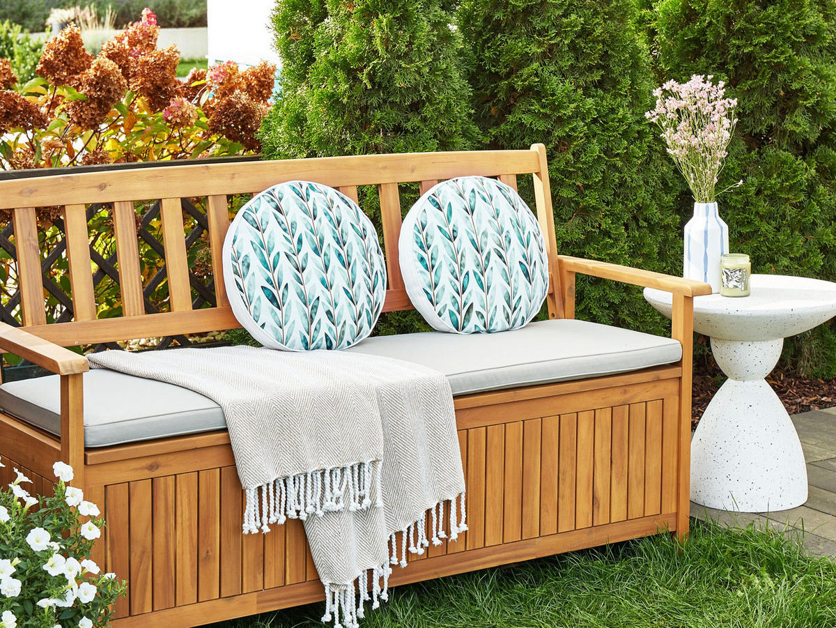 GARTENKISSEN 2er-Set Blattmotiv weiß/grün 40 cm Loano - Weiß, Textil (40/40cm) - Beliani