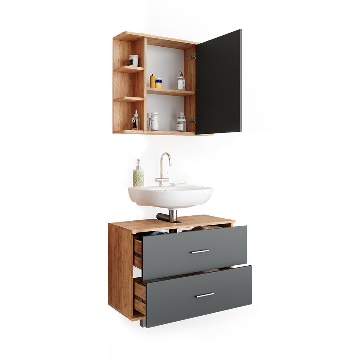 BADMÖBEL-SET Ilias Anthrazit/Goldkraft Eiche 2 Teile Unterschrank 80 cm - Anthrazit/Eiche Wotan, Holzwerkstoff (80.2/60.8/33cm) - Vicco
