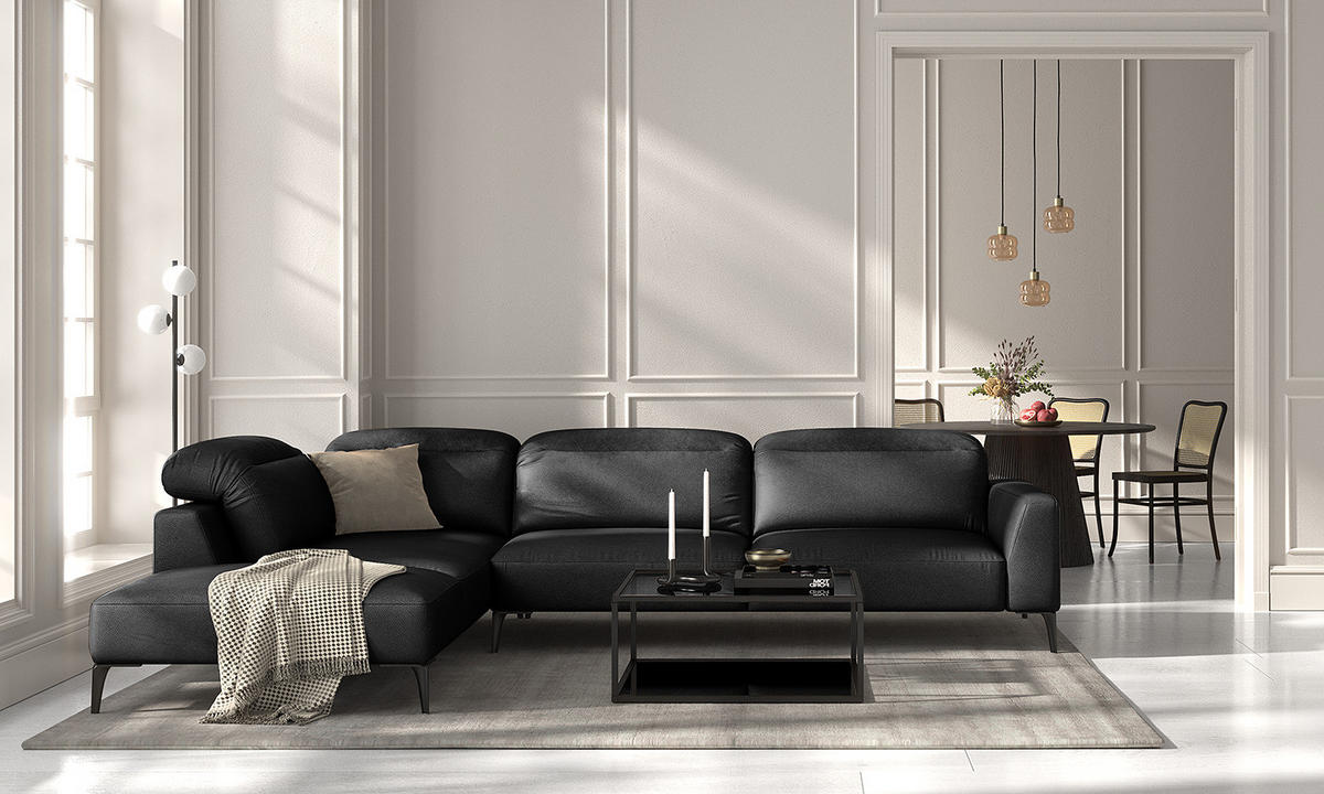 ECKSOFA mit Ottomane - Schwarz, Leder/Metall (325/238cm) - home24