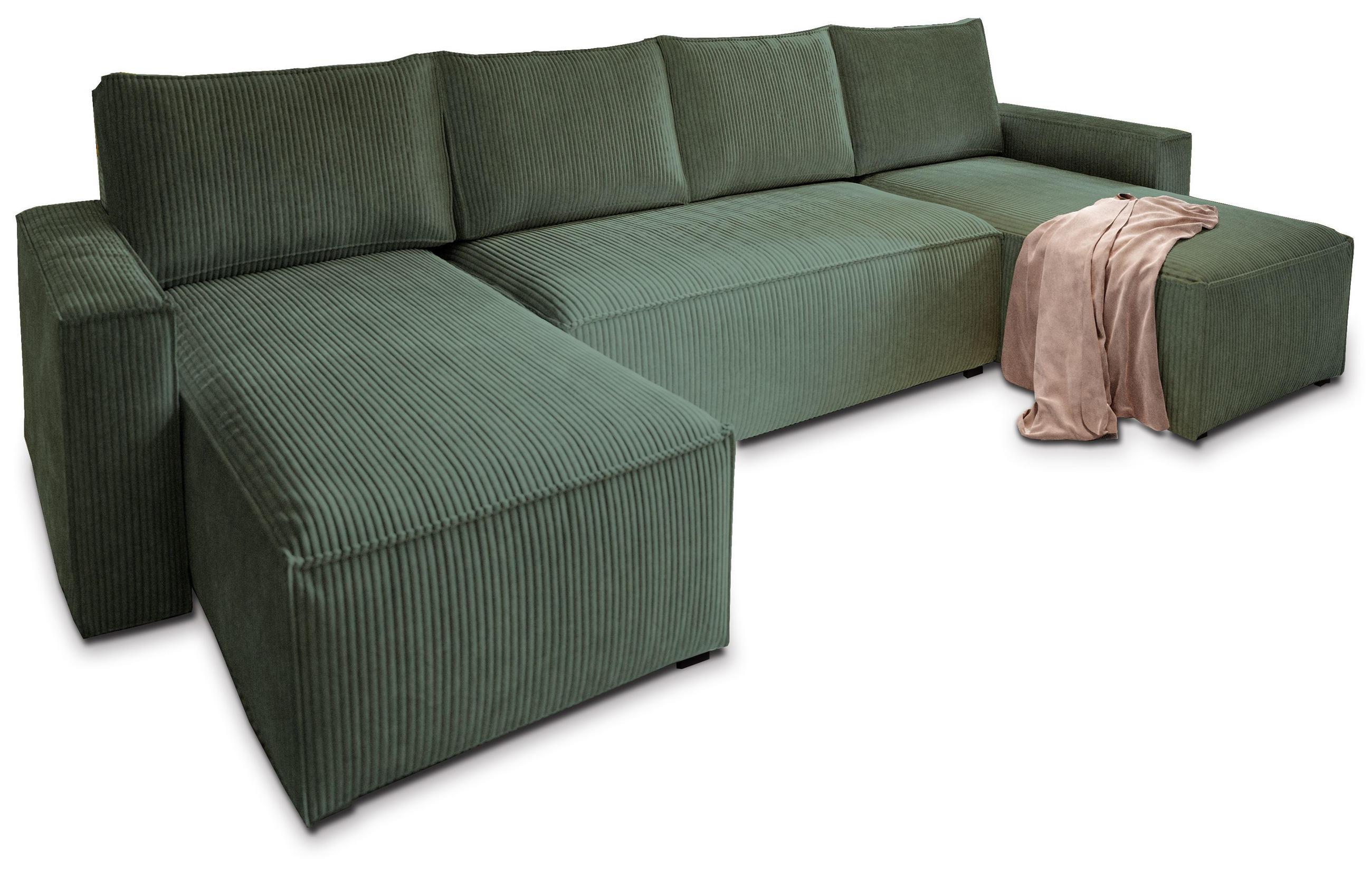 WOHNLANDSCHAFT ASPRA Grün Kordstoff mit Schlaffunktion - Grün, Holz (295/85/140cm) - MASSENO