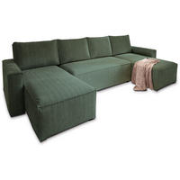 WOHNLANDSCHAFT ASPRA Grün Kordstoff mit Schlaffunktion - Grün, Holz (295/85/140cm) - MASSENO