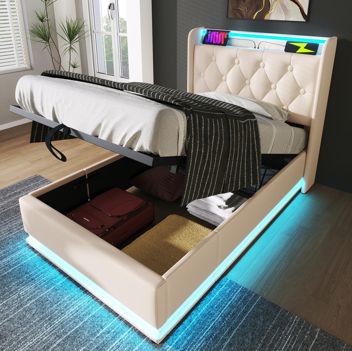 POLSTERBETT mit LED und Stauraum 90x200 cm PU Weiß mit Matratze - Weiß, Metall (90/200cm) - Meubliv