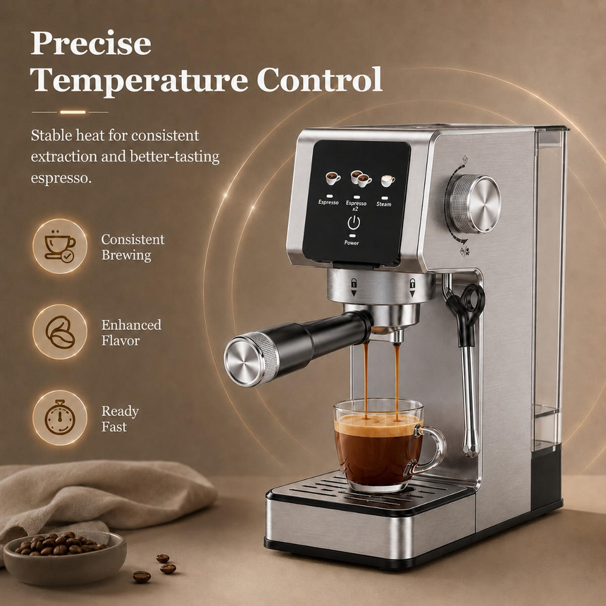 ESPRESSOMASCHINE 20 Bar, MIT TOUCHSCREEN UND MILCHAUFSCHÄUMER Heimische Küche - Schwarz, Metall (14.3/30.9/29.9cm) - Rolipo