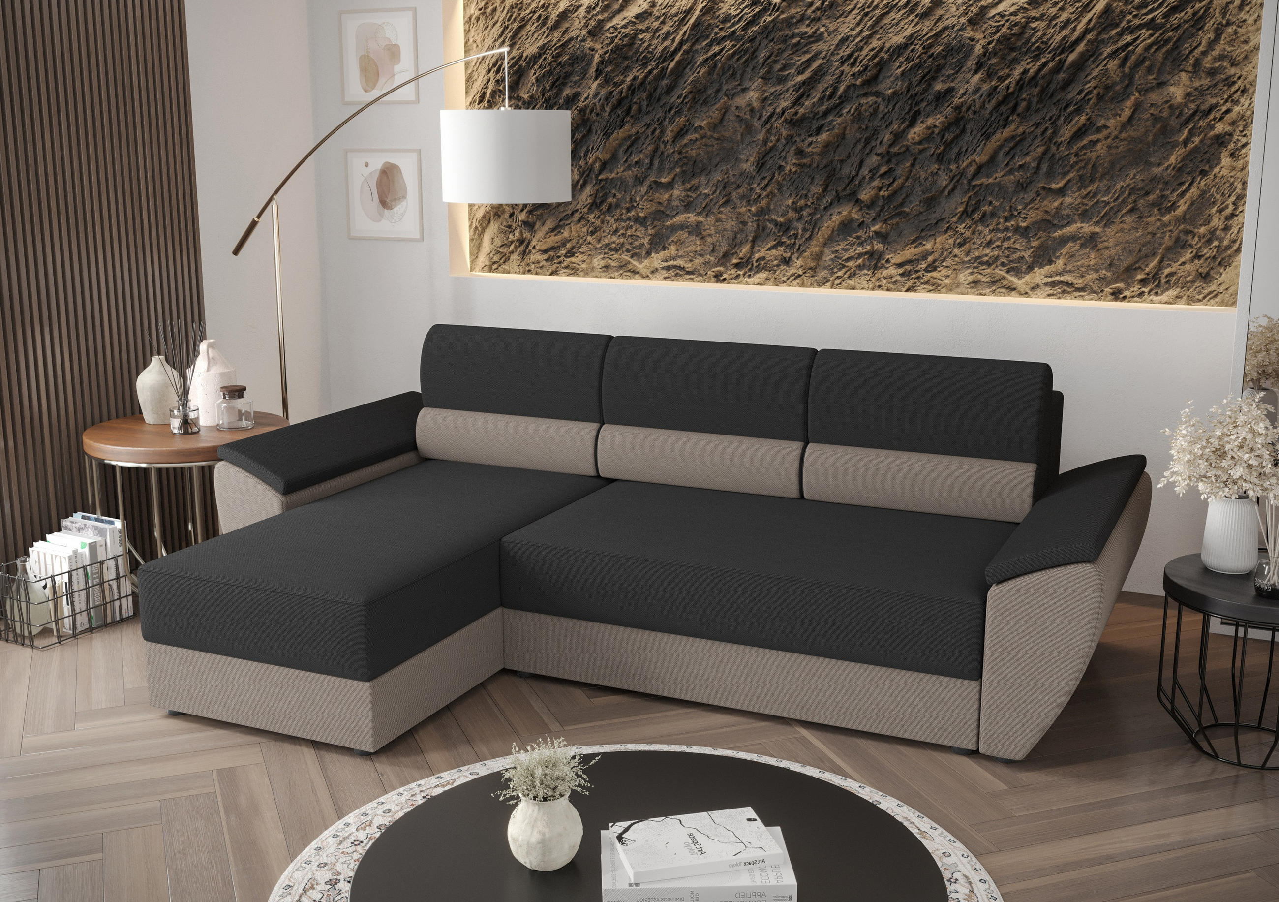 ECKSOFA L REBI L2 Rainbow 27/83 Links mit Schlaffunktion, Grau/Beige, L-Form - Beige/Grau, Textil (251/140cm)
