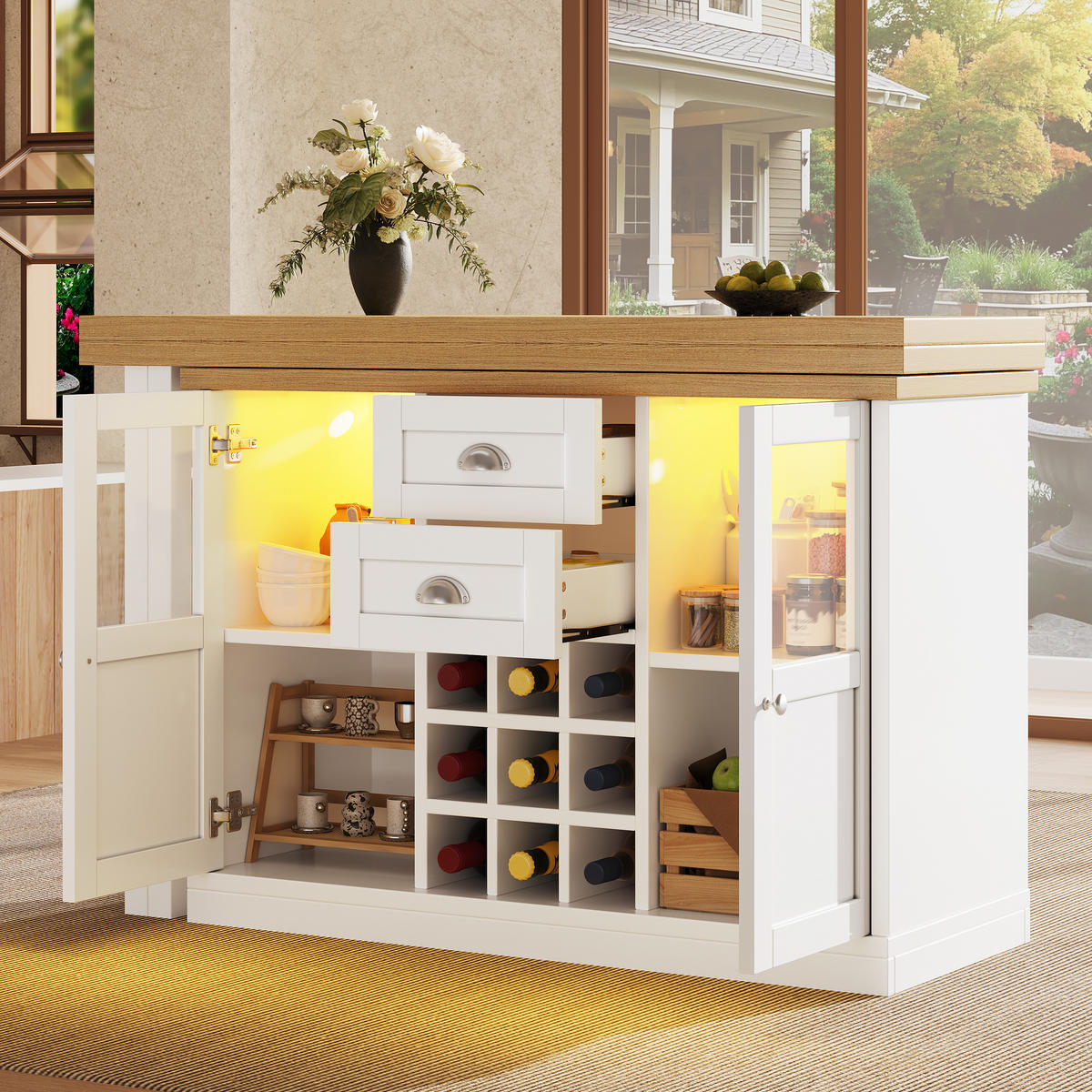 ESSTISCH Ausziehbar 120–197cm 360° LED Stauraum Weinregal - Weiß, Holzwerkstoff (40/120/72cm) - FLIEKS