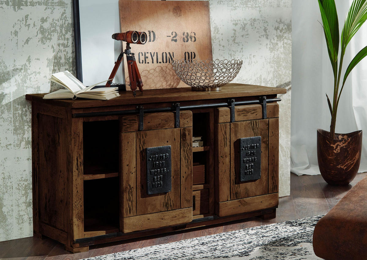 SIDEBOARD Mango 128x45x70 braun lackiert RAILWAY #402 - Braun, Holz (128/70/45cm) - Massivmoebel24