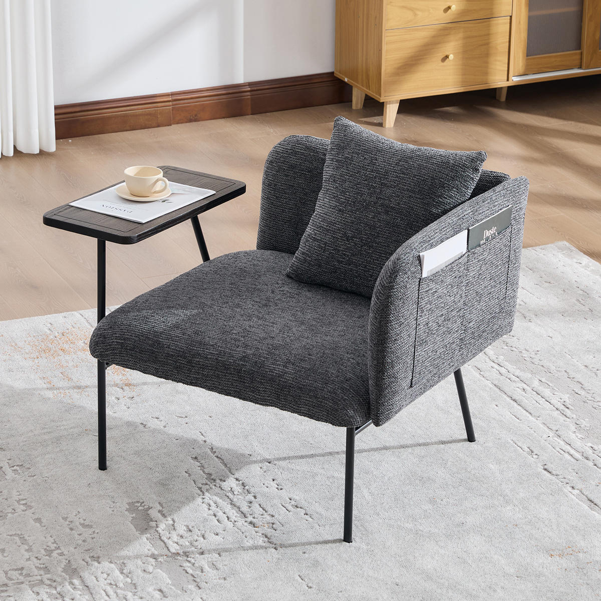 SESSEL Chenille Dunkelgrau mit Beistelltisch und Seitentaschen - Dunkelgrau, Textil/Metall (86/71/72cm) - WISHDOR