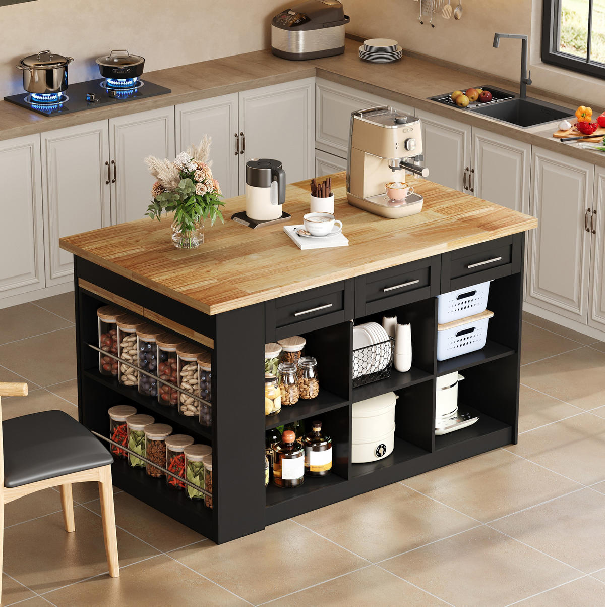 KÜCHENINSEL mit ausziehbarem Esstisch 150 x 90 x 90 cm MDF Natural and Black - Naturfarben, Holz (90/90/150cm) - Beauniv