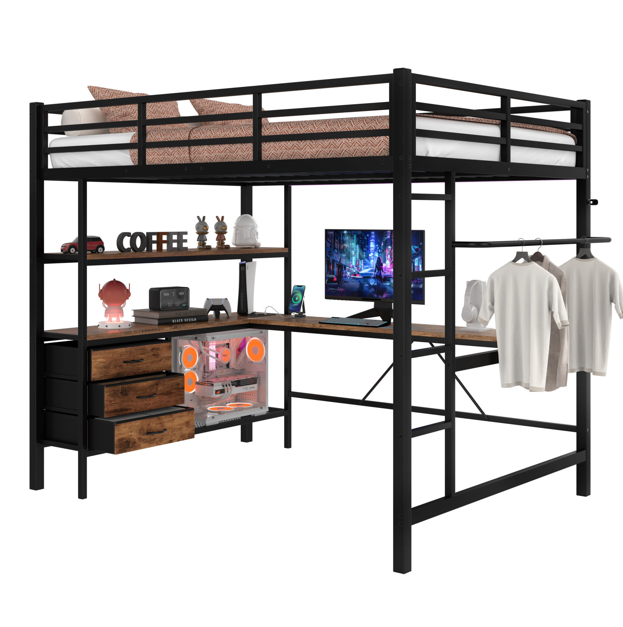 HOCHBETT 140/200 cm Schwarz aus Metall und MDF mit Schreibtisch und LED-Beleuchtung - Schwarz, Metall (140/200cm) - OKMYHOME