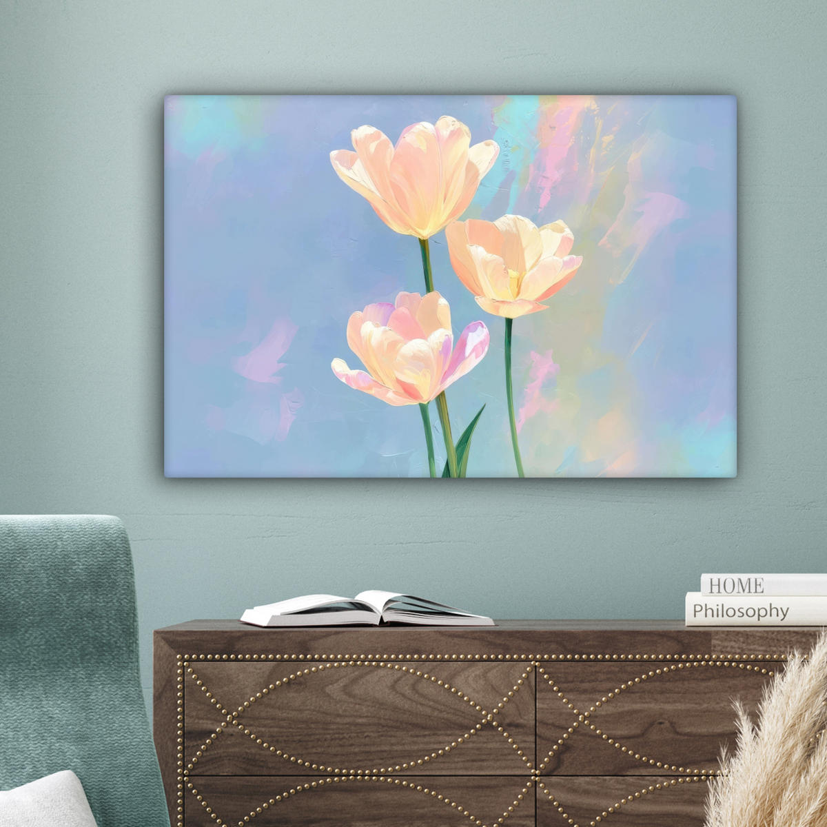 LEINWANDBILD Tulpen - Rosa Akzente - Blau Wanddeko 90x60 cm - Pastellblau, Textil (90/60cm) - MuchoWow