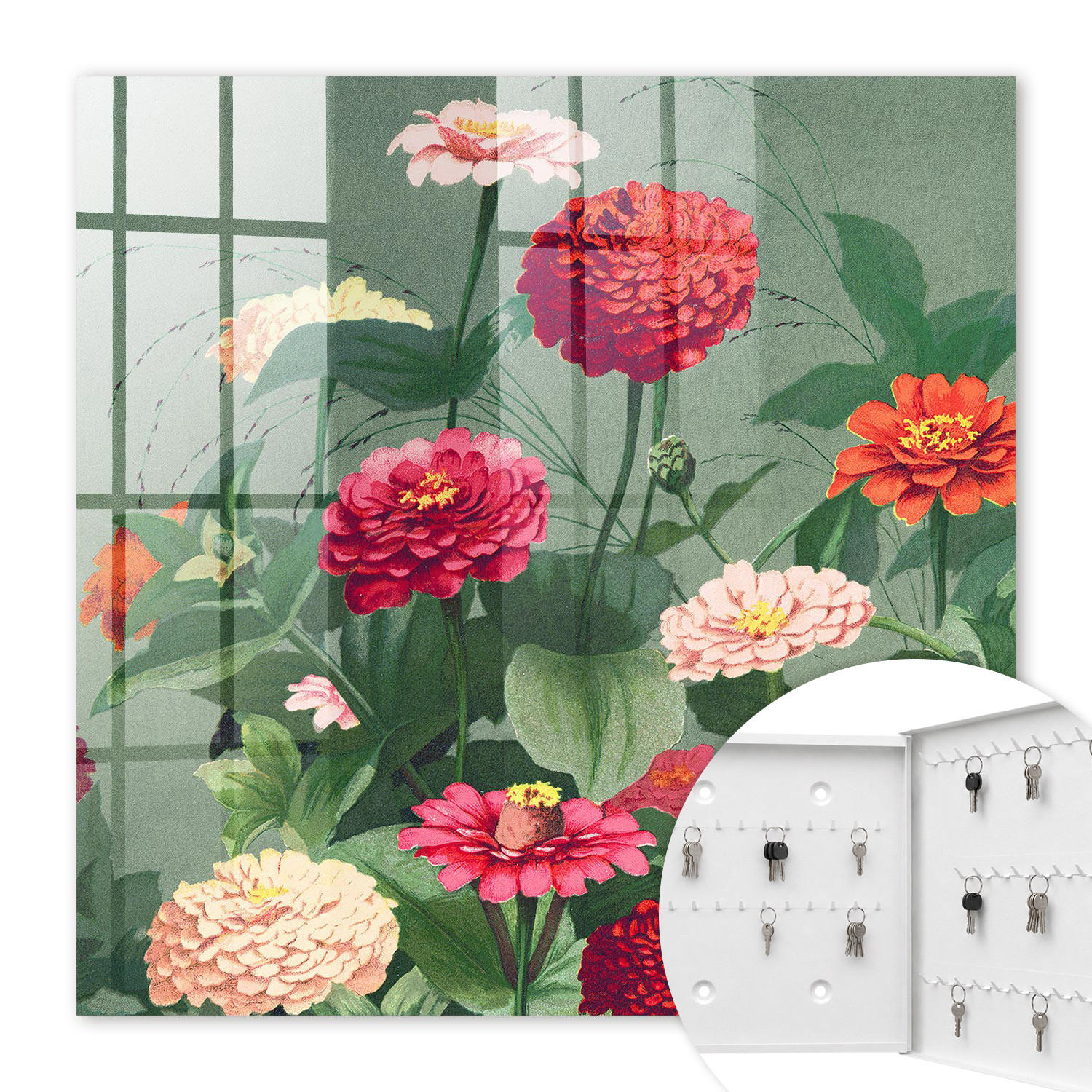 SCHLÜSSELBOX Weiß 30x30 cm – Türöffnung nach rechts - Blühender Garten - Grün, Metall (30/30/5cm) - TULUP