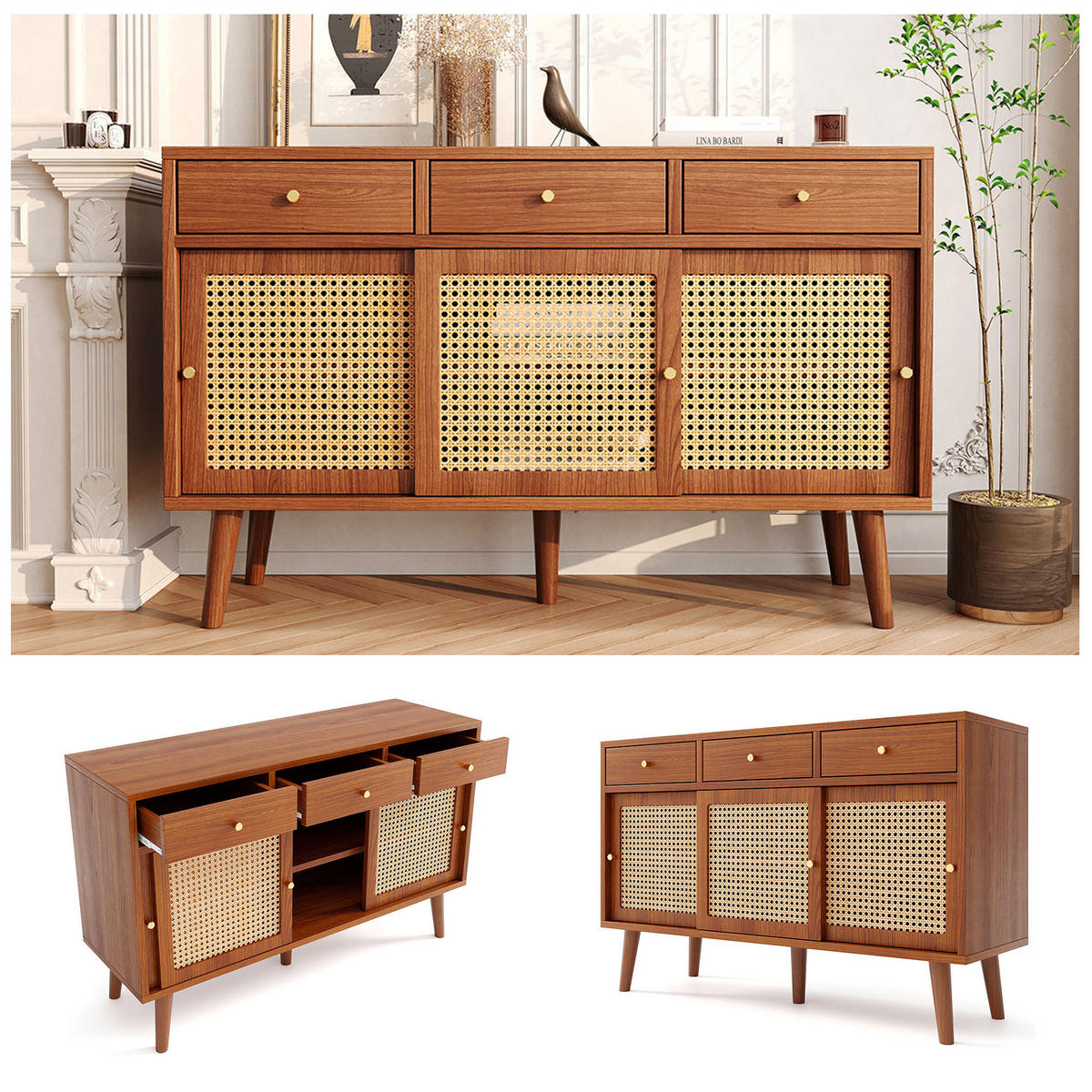 KOMMODE mit 3 Türen, 3 Schubladen, Rattan-Optik und verstellbaren Einlegeböden, 120 x 40 x 78 cm, Walnuss, MDF - Walnussfarben, Holzwerkstoff (120/78/40cm) - SONNENH