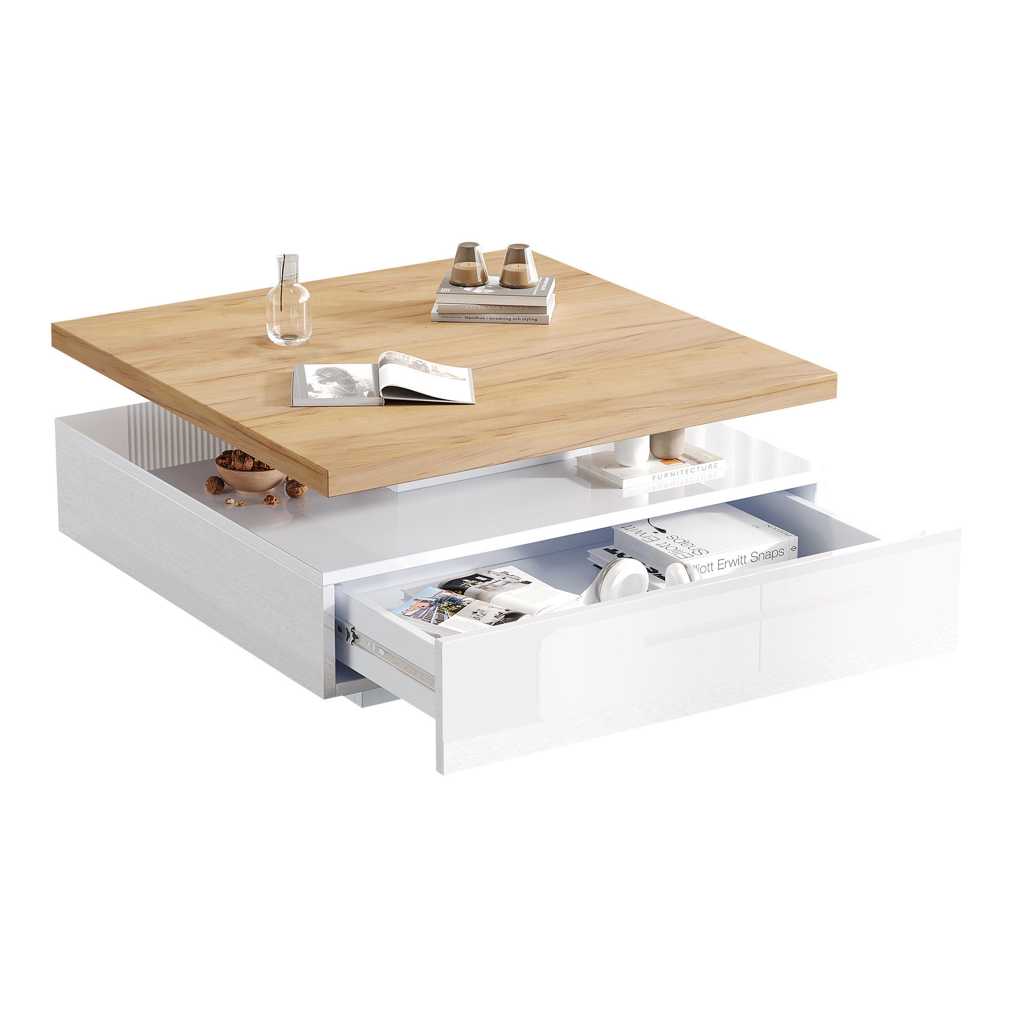 COUCHTISCH aus Spanplatte 70x70x36 cm Weiß/Walnuss mit 360° drehbarer Tischplatte, Schublade und offenem Stauraum - Weiß, Holzwerkstoff (70/70/36cm) - Modfu