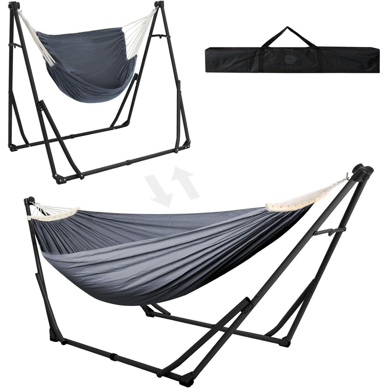HÄNGEMATTEN- und Hängesessel-Gestell Set mit klappbarem Gestell Schwarz und Dunkelgrau - Grau, Metall (81/2.5/113cm)