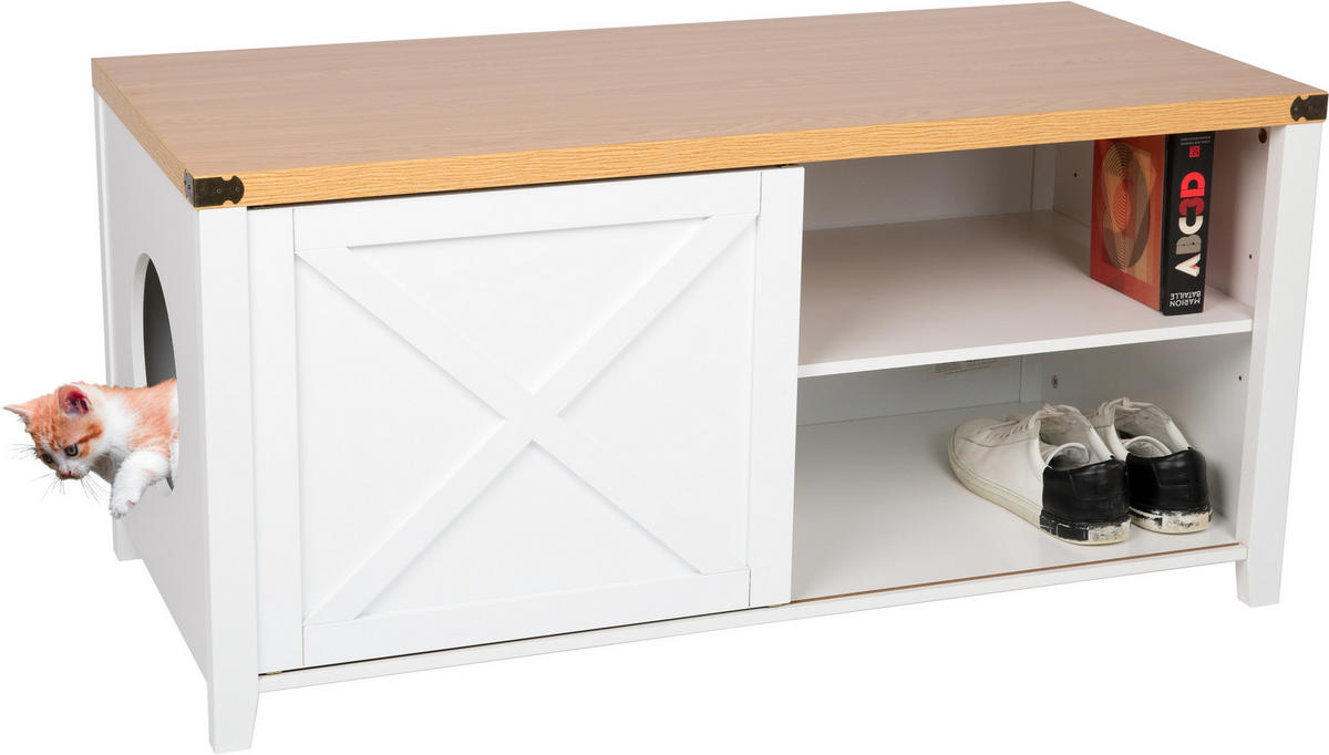 KATZENSCHRANK groß für Katzentoilette XXL aus Holz, mit Schuhschrank & Sitzkommode - Weiß, Holz (110/55/50cm) - needs&wants