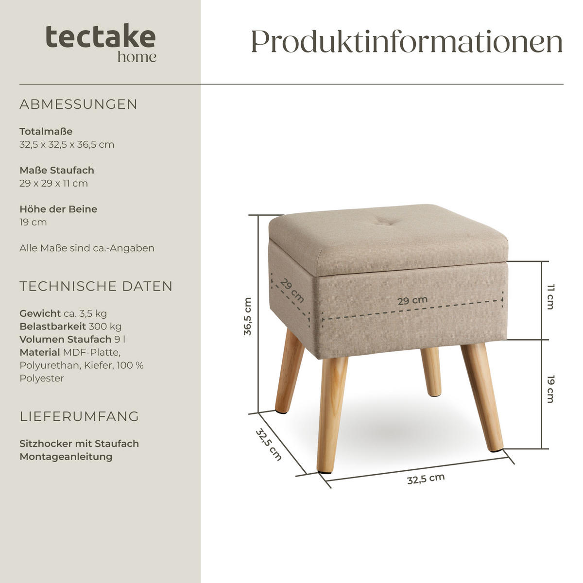 SITZHOCKER mit Stauraum Elva,32,5 x 32,5 x 36,5 cm,Sand - Sandfarben, Holz (32.5/36.5/32.5cm) - tectake