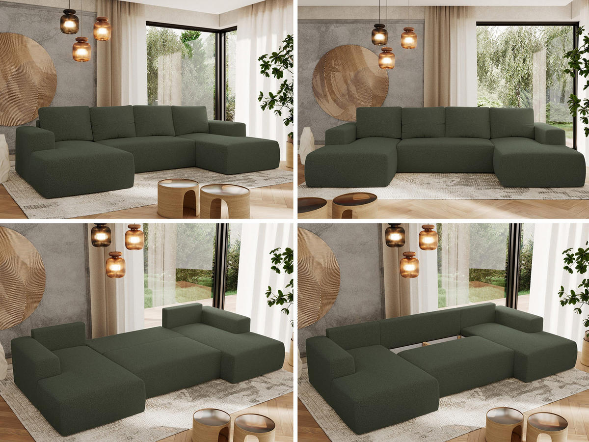 WOHNLANDSCHAFT TRENTINO U Grün Boucle - Grün, Textil (334/91/163cm) - MKS