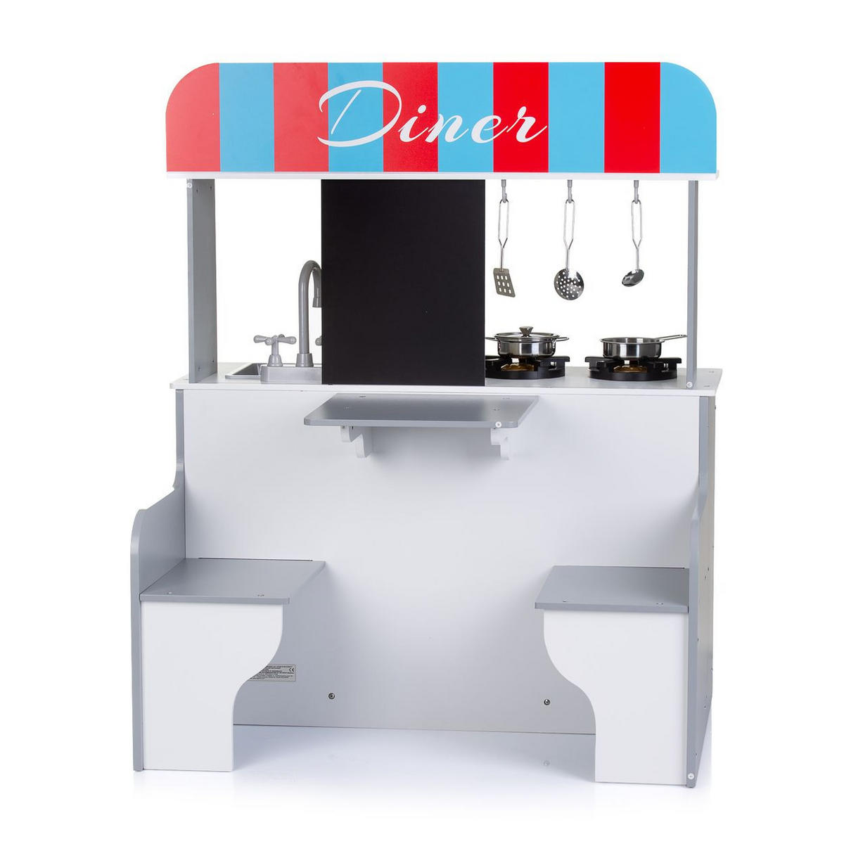 SPIELKÜCHE 2 in 1 98 cm weiß Holz, Tisch und Hocker, Metalltöpfe, Mikrowelle, Backofen, Spüle - Weiß, Holz (80/60/98cm) - Chipolino